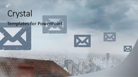  Presentation with email ettiquette - PPT theme having float envelope - email icons floating over roofs background and a  colored foreground