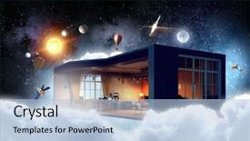  Presentation with design - Slides featuring floating architecture - room design model mixed media background and a  colored foreground