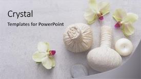  Presentation with spa concept stone - Slide set having floating candles - spa herbal compressing ball background and a light gray colored foreground