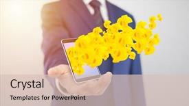  Presentation with yellow envelope the stamped - Colorful PPT theme enhanced with floating dollars - businessman with smartphone with yellow backdrop and a  colored foreground