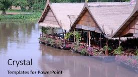  Presentation with floating - Slide set with floating restaurants on the river background and a light blue colored foreground