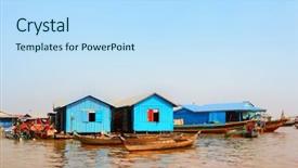  Presentation with boats - Beautiful PPT layouts featuring floating village tonle sap backdrop and a sky blue colored foreground