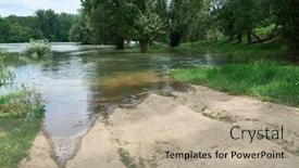  Presentation with flooding - Amazing PPT theme having flood-in-the-forest-river backdrop and a mint green colored foreground