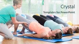  Presentation with pelvis - PPT theme consisting of flood light - women doing exercises for pelvis background and a sky blue colored foreground