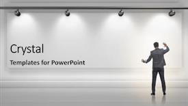  Presentation with virtual - Presentation design featuring floodlighting - businessman pressing virtual button background and a light gray colored foreground