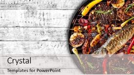  Presentation with food grill - Audience pleasing PPT theme consisting of floor barbecue grill and food backdrop and a light gray colored foreground