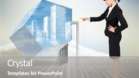  Presentation with women safety against harrasment - PPT layouts consisting of floor boards - focused businesswoman pointing against doorway background and a  colored foreground