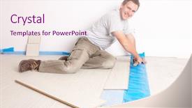 Presentation with flooring - Cool new slides with floor boards - happy manual worker installing backdrop and a  colored foreground