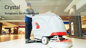  Presentation with machine shop - Slide set featuring floor care and cleaning services background and a mint green colored foreground