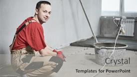  Presentation with cement - PPT theme with floor cement work professional plasterer portrait during smoothing floor surface background and a light gray colored foreground