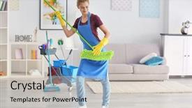  Presentation with mop baby - Colorful slide deck enhanced with floor clean - funny adult woman with mop backdrop and a light gray colored foreground
