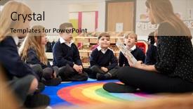  Presentation with elementary school career day and technology and black female teacher - Colorful PPT theme enhanced with floor in a classroom reading backdrop and a coral colored foreground