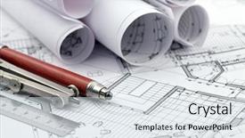  Presentation with floor plan - Amazing slide deck having floor plan - rolls of architecture blueprint work backdrop and a sky blue colored foreground