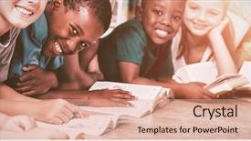  Presentation with kids reading book - Cool new PPT theme with floor reading book in library backdrop and a coral colored foreground