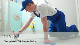  Presentation with waterproofing - Audience pleasing slide deck consisting of floor waterproofing in bathroom worker adding ater resistant protective coating backdrop and a light gray colored foreground