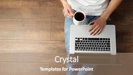  Presentation with young man holdng laptop on lap money - Amazing slide deck having floor with laptop and cup backdrop and a coral colored foreground