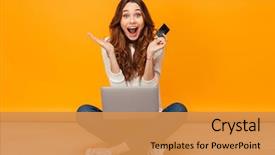  Presentation with credit card - Beautiful PPT theme featuring floor with laptop computer backdrop and a gold colored foreground