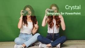  Presentation with women retro - Amazing slide set having floor with legs cross backdrop and a tawny brown colored foreground