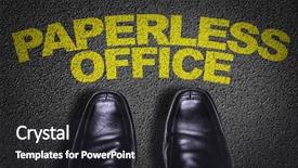  Presentation with shoes - PPT theme featuring floor with the text paperless background and a dark gray colored foreground