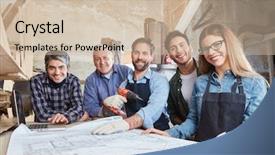  Presentation with company - Colorful PPT layouts enhanced with floorplan - artisans as successful team backdrop and a soft green colored foreground