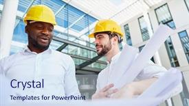  Presentation with architectural drawings - Beautiful PPT theme featuring floorplan - two architects with architectural drawings backdrop and a sky blue colored foreground