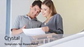  Presentation with two people talking - Slides enhanced with floorplan - two happy architectural students talking background and a  colored foreground