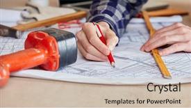  Presentation with workshop - PPT theme having floorplan on desk at carpentry background and a soft green colored foreground