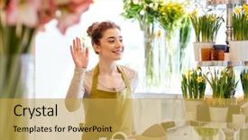  Presentation with flower woman - PPT theme with floral welcome - people gesture business sale background and a yellow colored foreground