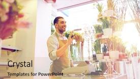  Presentation with five business people standing together and smiling - Colorful slide deck enhanced with floral welcome - people sale retail business backdrop and a  colored foreground