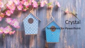  Presentation with spring tree - Audience pleasing presentation design consisting of floral welcome - two birdhouses hang on spring backdrop and a light blue colored foreground