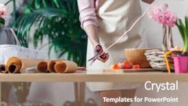  Presentation with cutting ribbon - Presentation design enhanced with florist in apron cutting ribbon background and a coral colored foreground