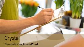  Presentation with writing notes - Colorful presentation design enhanced with florist man with clipboard writing backdrop and a gold colored foreground
