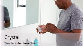  Presentation with teeth - Audience pleasing slide set consisting of floss - senior man flossing teeth standing backdrop and a  colored foreground