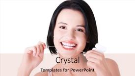  Presentation with colorful teeth movable - PPT theme featuring floss - young caucasian woman flossing her background and a lemonade colored foreground