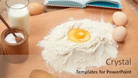  Presentation with baking utensils - Amazing PPT theme having flour and broken egg closeup for baking on a wooden background raw food and kitchen utensils backdrop and a lemonade colored foreground