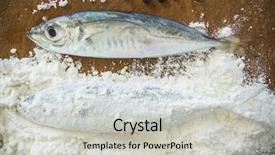  Presentation with close up wooden decking - PPT theme enhanced with floury fish on a wooden background and a  colored foreground