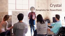  Presentation with group - Colorful slide deck enhanced with flow chart - group of designers having brainstorming backdrop and a lemonade colored foreground