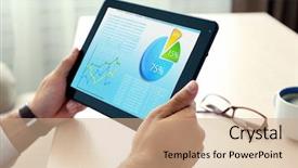  Presentation with hands holding black tablet - Slides with flowchart electronics - businessman holding tablet-pc with scheme background and a coral colored foreground