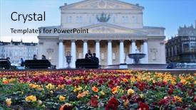  Presentation with theatre - PPT layouts enhanced with flower bed infront of big theatre in moscow russia background and a light blue colored foreground