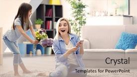  Presentation with giving - PPT theme featuring flores de mayo - little girl giving present background and a mint green colored foreground