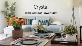 Presentation with living room - Presentation theme featuring flower clock - wooden table detail with plates background and a light gray colored foreground