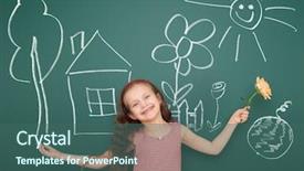  Presentation with airport boarding board - Beautiful presentation theme featuring flower drawing - girl with draw village home backdrop and a ocean colored foreground