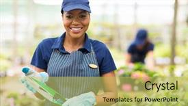  Presentation with garden tea party pretty - Colorful presentation design enhanced with flower farme - pretty young african gardener portrait backdrop and a yellow colored foreground