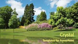  Presentation with pond - PPT theme with flower lake - trees and lawn near background and a tawny brown colored foreground