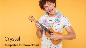  Presentation with ukulele - Theme enhanced with flower lei - attractive young man in summer background and a yellow colored foreground