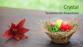  Presentation with red - PPT layouts having flower on table in garden background and a mint green colored foreground