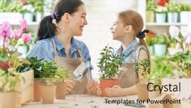  Presentation with mother child - Theme featuring flower pot - cute child girl helping her background and a coral colored foreground