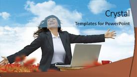  Presentation with field - Presentation theme having flower power - businesslady with laptop is working background and a light blue colored foreground