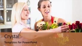  Presentation with flower woman - PPT theme enhanced with flower shop sales woman giving background and a red colored foreground