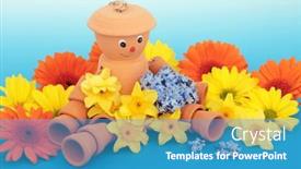  Presentation with pottery - Slide set consisting of flowerpot-man-terracotta-garden-ornament background and a teal colored foreground
